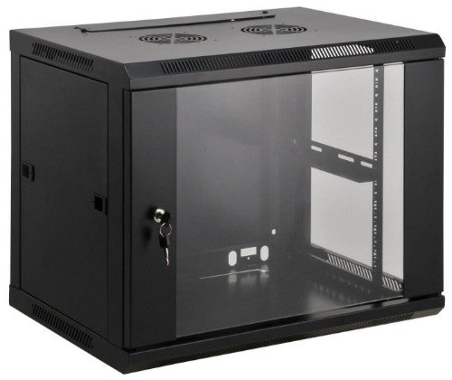 Intellinet 19" Network Cabinet - Wall Mount (Standard), 9U, 450mm Deep, Black, Assembled, Max 60kg, Suitable also for use on desk or floor, Usable Depth 350mm, Metal & Glass Door, Back Panel, Removeable Sides, Parts for wall install (eg screws/rawl plugs)