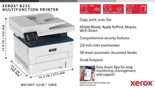 Xerox B235 A4 34ppm Wireless Duplex Copy/Print/Scan/Fax PS3 PCL5e/6 ADF 2 Trays Total 251 Sheets UK