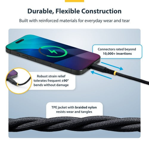 StarTech.com 15cm (6in) USB-C Charging Cable, 60W (3A) PD, Dual-Layer Braided Nylon/TPE Jacket, Rugged USB C Charging Cord, USB 2.0 Laptop Charger Cable
