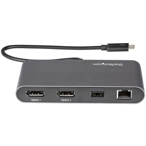 StarTech.com Dual-Monitor Thunderbolt Mini Dock, 4K 60Hz DisplayPort, Driverless Hub for Windows & Mac, Gigabit Ethernet, 1x USB-A (USB 5Gbps), 11in (28cm) Cable