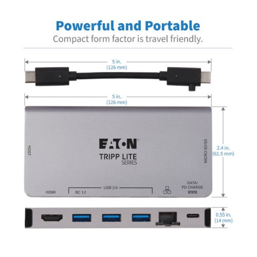 Tripp Lite U442-DOCK5D-GY USB-C Dock - 4K HDMI, USB 3.x (5Gbps), USB-A/C Hub Ports, GbE, Memory Card, 100W PD Charging, Detachable Cord