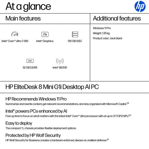 HP EliteDesk 8 Mini G1i AI Intel Core Ultra 7 265 32 GB DDR5-SDRAM 512 GB SSD Windows 11 Pro Mini PC AI PC Black