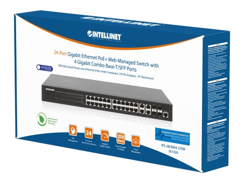 Intellinet 24-Port Gigabit Ethernet PoE+ Web-Managed Switch with 4 Gigabit Combo Base-T/SFP Ports, IEEE 802.3at/af Power over Ethernet (PoE+/PoE) Compliant, 370 W, Endspan, 19" Rackmount (with UK power cord)
