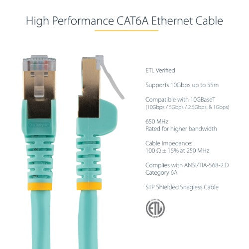 StarTech.com 0.50m CAT6a Ethernet Cable - 10 Gigabit Shielded Snagless RJ45 100W PoE Patch Cord - 10GbE STP Network Cable w/Strain Relief - Aqua Individually Tested/Wiring is UL Certified/TIA