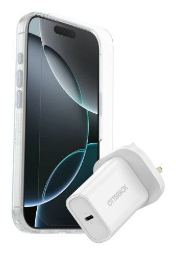 OtterBox Symmetry Series Clear for MagSafe + Premium Glass + Fast Charge Wall Charger USB-C 30W Type G for Apple iPhone 16 Pro