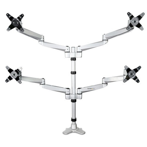 StarTech.com Desk Mount Quad Monitor Arm – Premium Articulating VESA 4 Monitor Mount 2x2 up to 30" (24.8lb/11.3kg) – Ergonomic Height Adjustable Pole Mount - Tilt/Swivel/Rotate - C-Clamp/Grommet - Silver - TAA