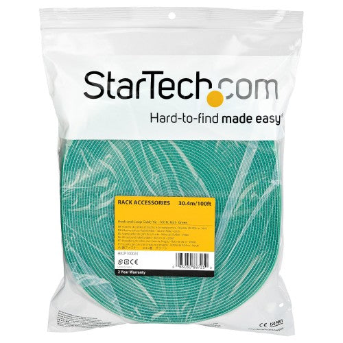 StarTech.com 100ft (30.5m) Hook and Loop Roll, Green, Cut-to-Size Reusable Cable Ties, Bulk Industrial Wire Fastener Tape, Adjustable Fabric Wraps, Reusable Self Gripping Cable Management Straps