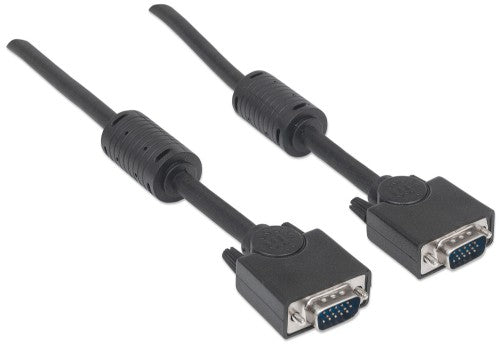Manhattan VGA Monitor Cable (with Ferrite Cores), 3m, Black, Male to Male, HD15, Cable of higher SVGA Specification (fully compatible), Shielding with Ferrite Cores helps minimise EMI interference for improved video transmission, Lifetime Warranty