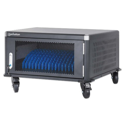 Manhattan Laptop Charging Cabinet Desktop via AC Adapter (UK) x20 Bay, Install device's AC Adapter (power cables) into unit, Suitable for ALL laptops (to 15.6"), iPads, MacBooks, Chromebooks, other USB-C devices, Bays 380x30x280mm, Cart, Lockable