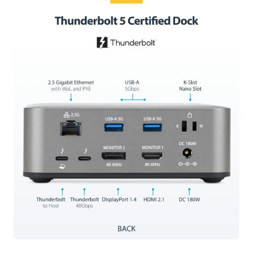 StarTech.com Thunderbolt 5 Universal Docking Station, Multi-Display Hub, 8K 60Hz or 4K 144Hz, 120Gbps Bandwidth Boost, 140W PD, 30W Phone Charging, USB 10Gbps, 2.5G LAN