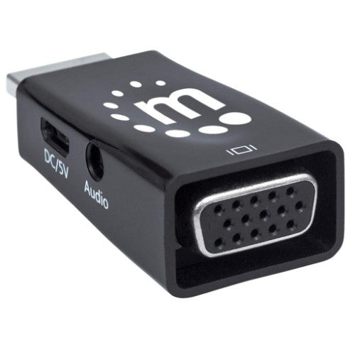 Manhattan HDMI to VGA (with Audio) Converter, 1080p, Male to Female, Micro-USB Power Input Port for additional power if needed, Black, Three Year Warranty