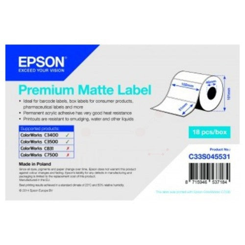 Epson C33S045531 Continous label roll matt die-cut 102mm x 51mm 650 Pack=1 for Epson TM-C 3400/3500
