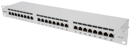 Intellinet Patch Panel, Cat6a, FTP, 24-Port, 1U, Shielded, 90° Top-Entry Punch Down Blocks, Grey