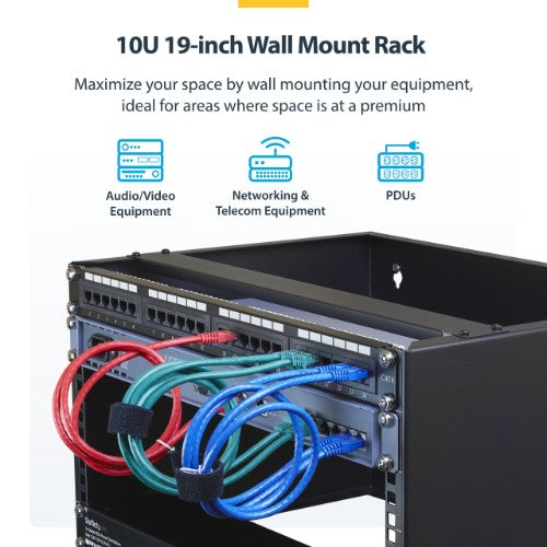 StarTech.com 10U Wall Mount Network Rack - 14" (35.5cm) Deep (Low Profile), 19" Patch Panel Bracket for Shallow Server, IT Equipment, Network Switches - 77lbs/35kg Weight Cap., Black