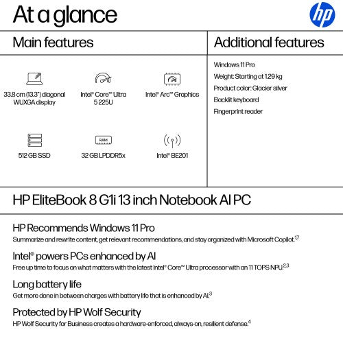 HP EliteBook 8 G1i Intel Core Ultra 5 225U Laptop 33.8 cm (13.3") WUXGA 32 GB LPDDR5x-SDRAM 512 GB SSD Wi-Fi 7 (802.11be) Windows 11 Pro AI PC Silver
