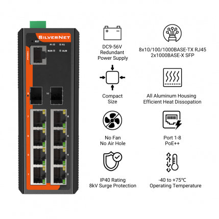 SilverNet SIL 73208MP-BT network switch Managed L2 Gigabit Ethernet (10/100/1000) Power over Ethernet (PoE) Black