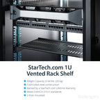 StarTech.com 1U Server Rack Shelf - Universal Vented Rack Mount Cantilever Tray for 19" Network Equipment Rack & Cabinet - Heavy Duty Steel - Weight Capacity 44lb/20kg - 10" Deep Shelf, Black