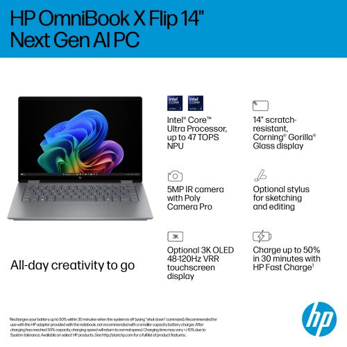 HP OmniBook X FlipNGAI 14-fm0001na Copilot+ PC Intel Core Ultra 7 256V Hybrid (2-in-1) 35.6 cm (14") Touchscreen 3K 16 GB LPDDR5x-SDRAM 1 TB SSD Wi-Fi 7 (802.11be) Windows 11 Home Silver