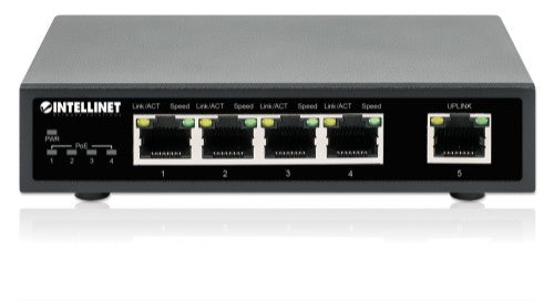 Intellinet 5-Port Gigabit Ethernet PoE+ Switch, Four PSE PoE Ports, IEEE 802.3at/af (PoE+/PoE) Compliant, PoE Power Budget up to 62 W, Desktop Format (with UK power cord)