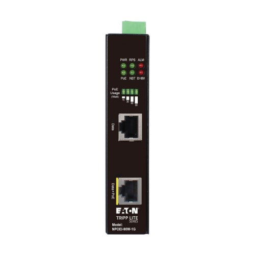 Tripp Lite NPOEI-90W-1G Industrial Gigabit Ethernet PoE injector, 90W PoE++, 802.3bt, Midspan, -40℃ to +75℃, IP30 housing, Dual 24-57VDC , DIN rail, 1 Port