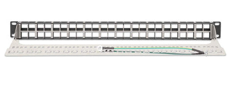 Intellinet 19" 48-Port Shielded Blank Patch Panel, 1U, Unloaded 19-inch Rackmount Keystone Panel for High-density Installations, Removable Cable-Management Bar, Black