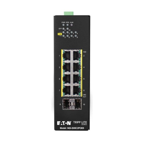 Tripp Lite NGI-S08C2POE8 8-Port Lite Managed Industrial Gigabit Ethernet Switch - 10/100/1000 Mbps, PoE+ 30W, 2 GbE SFP Slots, -10° to 60°C, DIN Mount