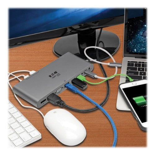 Tripp Lite U442-DOCK4-INT USB-C Dock, Triple Display - 4K HDMI/DisplayPort, VGA, USB 3.x (5Gbps), USB-A/C Hub Ports, GbE, 100W PD Charging, EU/UK Power Supply