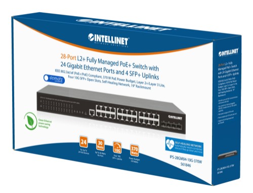 Intellinet 28-Port L2+ Fully Managed PoE+ Switch with 24 Gigabit Ethernet Ports and 4 SFP+ Uplinks IEEE 802.3at/af (PoE+/PoE) Compliant, 370 W PoE Power Budget, Layer 2+/Layer 3 Lite, Four 10G SFP+ Open Slots, Self-Healing Network, 19" Rackmount (with UK