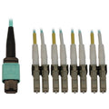Tripp Lite N844X-03M-8L-P 40/100/400G Multimode 50/125 OM3 Fiber Optic Cable (12F MTP/MPO-PC to 4x Duplex LC/PC F/M), LSZH, Aqua, 3 m (9.8 ft.)