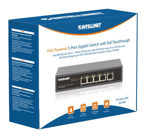 Intellinet 5-Port Gigabit Switch with PoE Passthrough, One IEEE 802.3bt (PoE++ / 4PPoE) PD PoE Port with 95 W Power Input, Four PSE PoE ports, PoE Power Budget up to 65 W, IEEE 802.3at/af Compliant Output, Desktop, Wall-mount Option (UK Power cord)