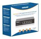 Intellinet 5-Port Gigabit Switch with PoE Passthrough, One IEEE 802.3bt (PoE++ / 4PPoE) PD PoE Port with 95 W Power Input, Four PSE PoE ports, PoE Power Budget up to 65 W, IEEE 802.3at/af Compliant Output, Desktop, Wall-mount Option (UK Power cord)