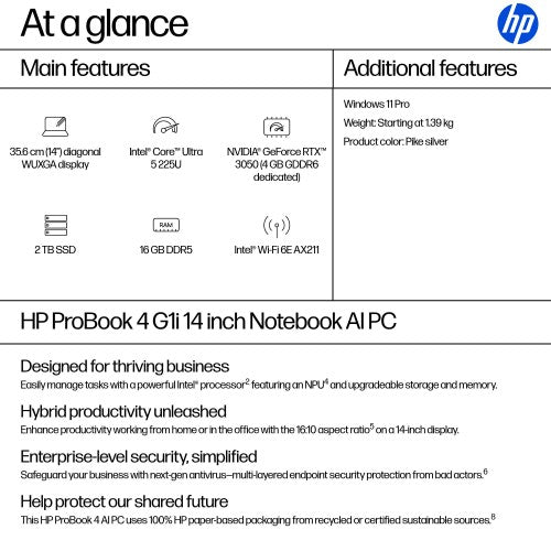 HP ProBook 4 14 G1i AI Intel Core Ultra 5 225U Laptop 35.6 cm (14") WUXGA 16 GB DDR5-SDRAM 256 GB SSD Wi-Fi 6E (802.11ax) Windows 11 Pro AI PC Silver