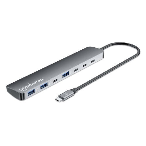 Manhattan USB-C Dock/Hub, Ports (x7): USB-A (x3) and USB-C (x4), With Power Delivery (100W) to USB-C Port (Note additional USB-C wall charger and USB-C cable needed), USB 3.2 Gen 2, All Ports can be used at the same time, Universal, Aluminium, Space Grey