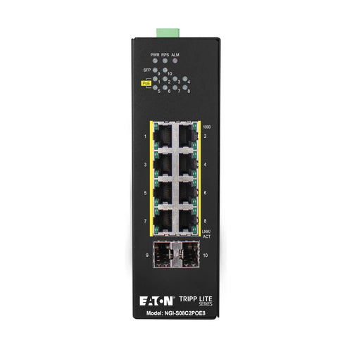 Tripp Lite NGI-S08C2POE8 8-Port Lite Managed Industrial Gigabit Ethernet Switch - 10/100/1000 Mbps, PoE+ 30W, 2 GbE SFP Slots, -10° to 60°C, DIN Mount