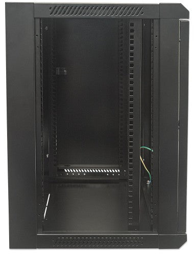 Intellinet 19" Network Cabinet - Wall Mount (Standard), 9U, 600mm Deep, Black, Flatpack, Max 60kg, Suitable also for use on desk or floor, Usable Depth 410mm, Metal & Glass Door, Back Panel, Removeable Sides, Parts for wall install (eg screws/rawl plugs)
