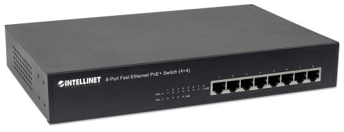 Intellinet 8-Port Fast Ethernet PoE+ Switch, 4 x PoE IEEE 802.3at/af Power-over-Ethernet (PoE+/PoE) ports, 4 x Standard RJ45 Ports, Endspan, Desktop, 19" Rackmount (UK power cord)