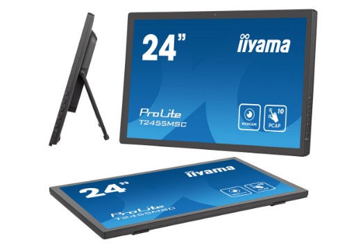 iiyama 24” multi-touch monitor with edge-to-edge glass, anti fingerprint coating , integrated webcam and a flexible stand