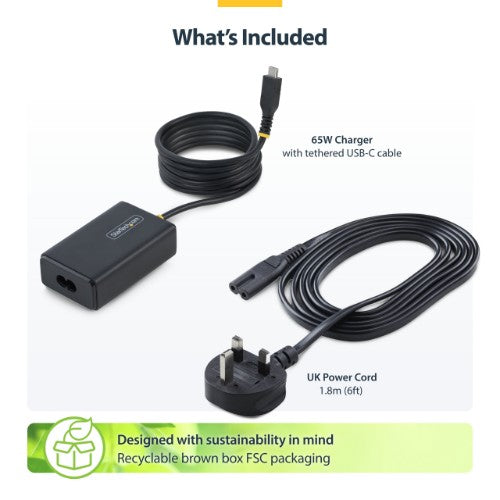 StarTech.com 65W USB-C Laptop Charger, 1.5m Tethered USB-C Cable, Power Adapter Brick for Dell, XPS, HP ProBook, MacBook Pro, Microsoft Surface Pro