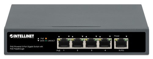 Intellinet 5-Port Gigabit Switch with PoE Passthrough, One IEEE 802.3bt (PoE++ / 4PPoE) PD PoE Port with 95 W Power Input, Four PSE PoE ports, PoE Power Budget up to 65 W, IEEE 802.3at/af Compliant Output, Desktop, Wall-mount Option (UK Power cord)