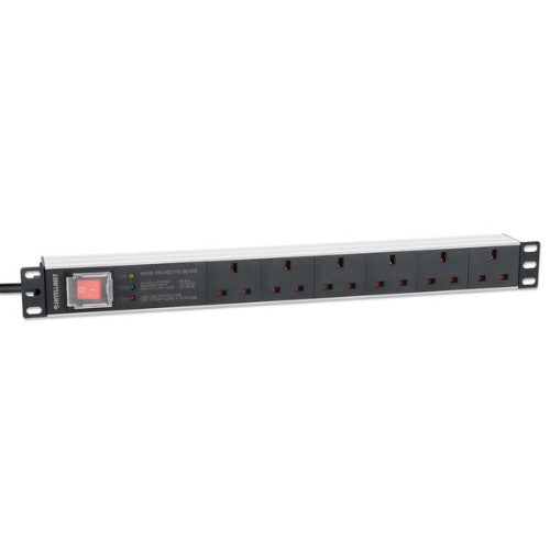 Intellinet 19" 1U PDU 6-way UK, With switch and Surge Protection, Rackmount, Power Distribution Unit, UK 3-pin outlets, 3m power cord, output