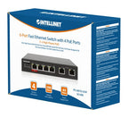 Intellinet 6-Port Fast Ethernet Switch with 4 PoE Ports (1 x High-Power PoE), One High-Power 60 W PSE PoE Port, Three IEEE 802.3at/af PSE PoE Ports, PoE Power Budget of 65 W, PoE Extend Mode, Two RJ45 Uplink Ports, VLAN
