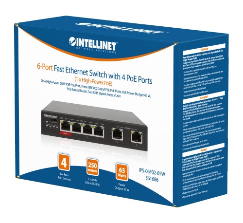 Intellinet 6-Port Fast Ethernet Switch with 4 PoE Ports (1 x High-Power PoE), One High-Power 60 W PSE PoE Port, Three IEEE 802.3at/af PSE PoE Ports, PoE Power Budget of 65 W, PoE Extend Mode, Two RJ45 Uplink Ports, VLAN