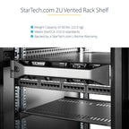 StarTech.com 2U Server Rack Shelf - Universal Vented Rack Mount Cantilever Tray for 19" Network Equipment Rack & Cabinet - Heavy Duty Steel - Weight Capacity 50lb/23kg - 16" Deep Shelf, Black - TAA