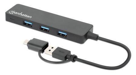 Manhattan USB-C & USB-A Combo Dock/Hub, Ports (4): USB-A (x4), 5 Gbps (USB 3.2 Gen1 aka USB 3.0), External Power Supply Not Needed, Universal for all devices, SuperSpeed USB, Black, Three Year Warranty
