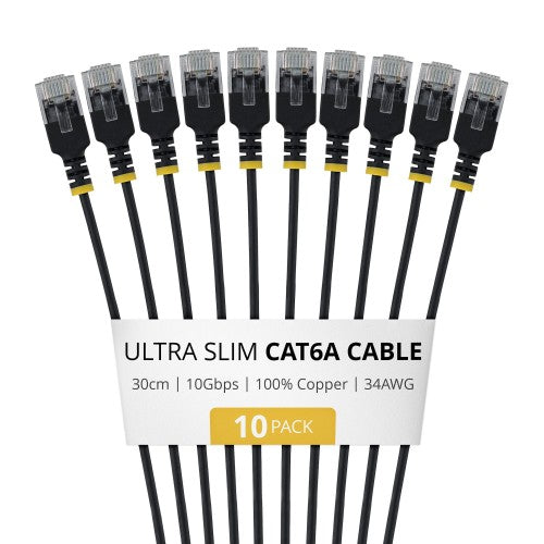 StarTech.com 30cm Black Ultra Slim Cat6A Ethernet Cable, 10 pack, UTP, Pure Bare Copper Wire, 34AWG Ultra Slim RJ45 Network Patch Cord, Individually Tested