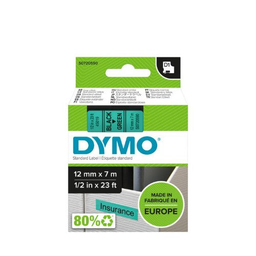 Dymo 45019/S0720590 DirectLabel-etikettes black on green 12mm x 7m for Dymo D1 6-12mm/19mm/24mm/9-12mm/9-19mm