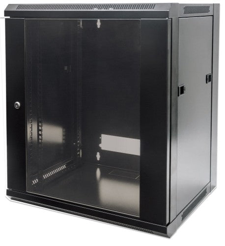 Intellinet 19" Network Cabinet - Wall Mount (Standard), 12U, 600mm Deep, Black, Flatpack, Max 60kg, Suitable also for use on desk or floor, Usable Depth 410mm, Metal & Glass Door, Back Panel, Removeable Sides, Parts for wall install (eg screws/rawl plugs)