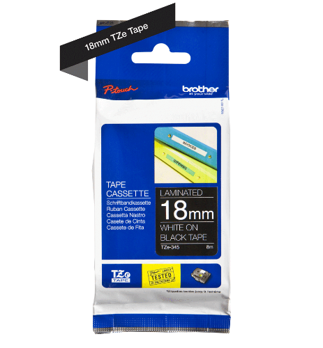 Brother TZE-345 DirectLabel white on black Laminat 18mm x 8m for Brother P-Touch TZ 3.5-18mm/36mm/6-18mm/6-24mm/6-36mm