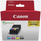 Canon 6509B008/CLI-551 Ink cartridge multi pack Bk,C,M,Y 7ml 495pg + 3x315pg Pack=4 for Canon Pixma IP 8700/IX 6850/MG 5450/MG 6350/MX 725
