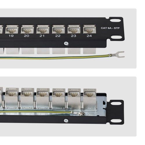 StarTech.com 24 Port 1U Feed Through Patch Panel with Cable Management Bar, Rackmount Shielded Cat6a Ethernet Patch Panel with RJ45 STP Inline Couplers